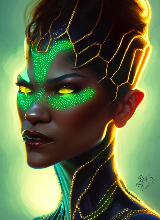 Prompt: zendaya as skrull queen, intricate, elegant, glowing lights, highly detailed, digital painting, artstation, glamor pose, concept art, smooth, sharp focus, illustration, art by artgerm and greg rutkowski, artey freytag