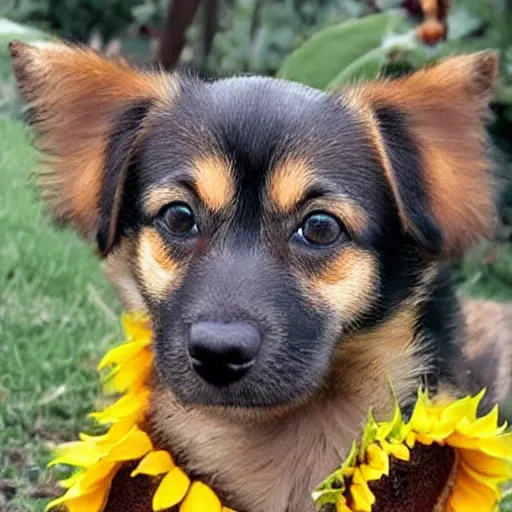 Prompt: little dog made out of sunflowers