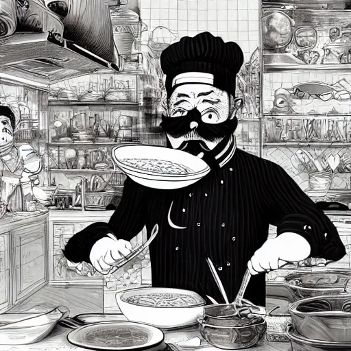 Image similar to hyper-detailed digital painting A chef with a big mustache proundly making a soup by kim jung gi