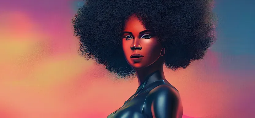 Image similar to portrait of a beautiful black woman with afro hair, cyberpunk rio de janeiro background, digital art, trending on artstation, brushstrokes, backlit, corcovado on the background