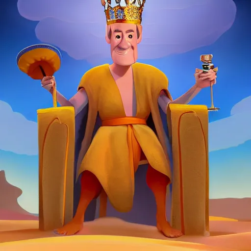 Image similar to a man with a crown on his head, dressed in a robe, sitting on a throne, in the desert, in the background a thunderstorm, pixar, artstation, high detailed,