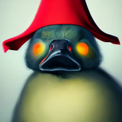 Prompt: portrait of cute mallard duck, glowing red eyes, wearing cultist red robe, doing witchcraft inside a castle, expressive oil painting, digital art, octane render