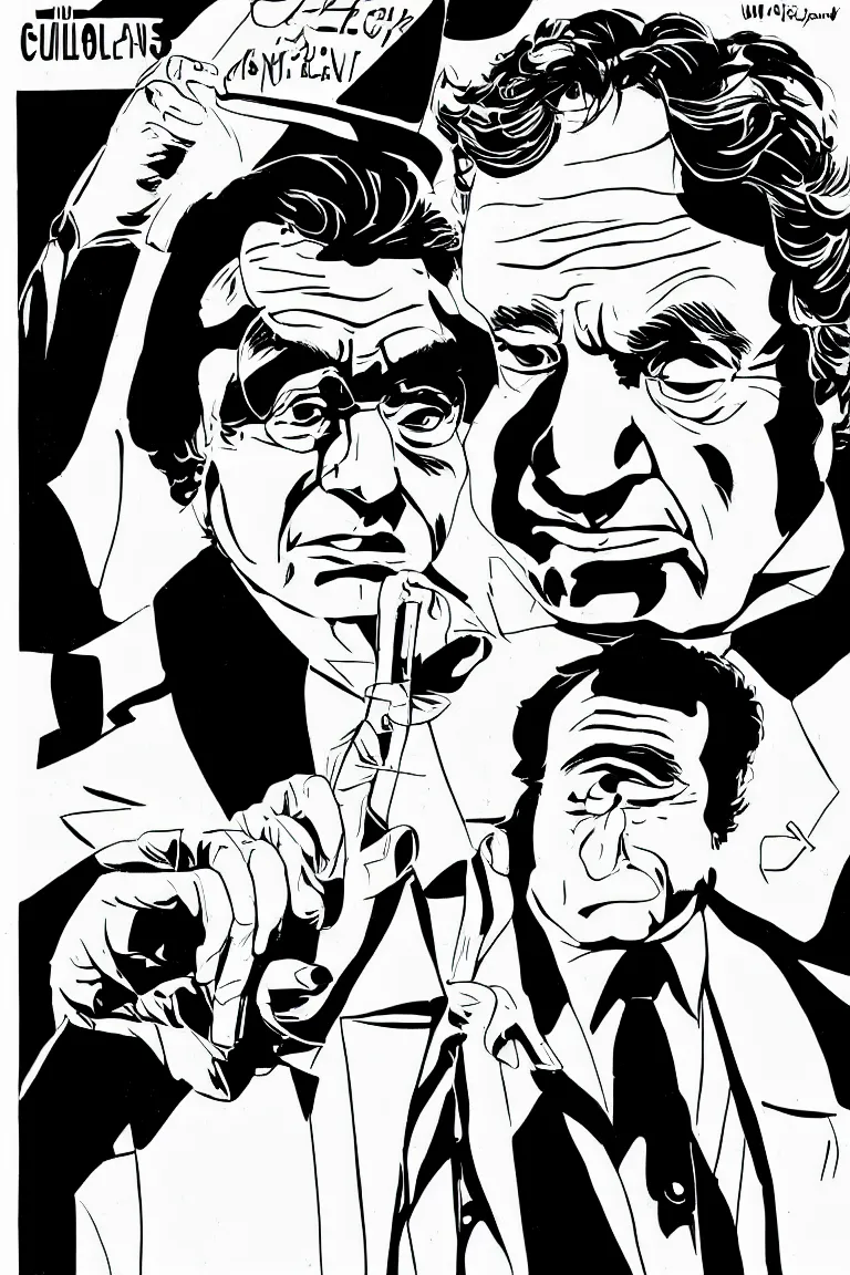 Prompt: An illustration of Peter Falk\'s Detective Columbo by Bruce Timm, in the style of the DC animated universe - high quality, sharp detail, 4k scan