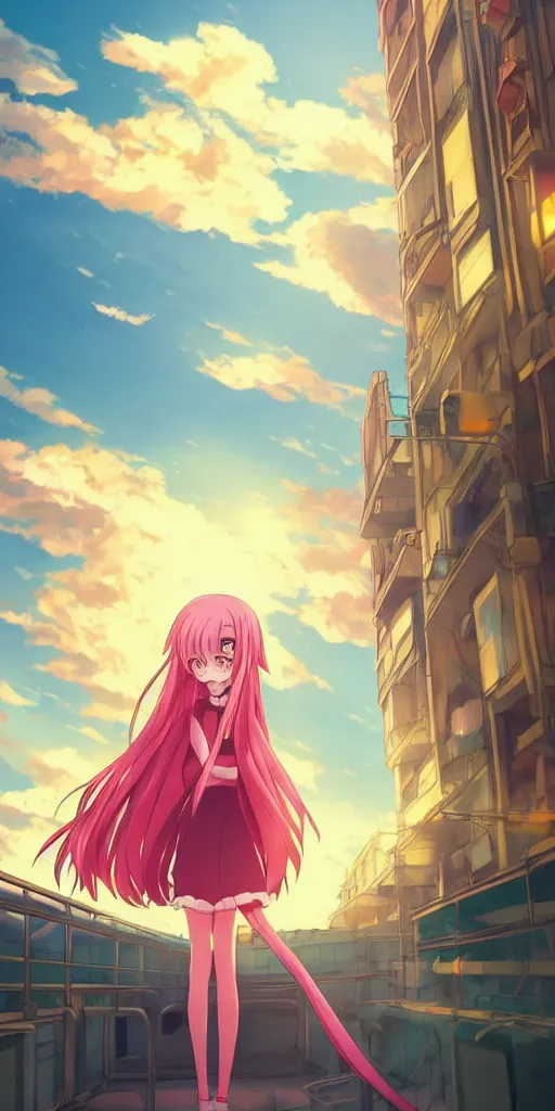 Image similar to anime art, anime key visual of a cute elegant anime girl with pink hair and big eyes, city rooftop at sunset with clouds, golden hour sunset, background blur bokeh!, beautiful lighting, high quality illustration, studio ghibli