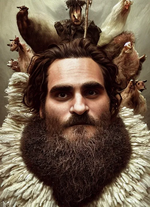 Prompt: a hyper detailed painting of joaquin phoenix surrounded by animals, cow horns, pig nose, sheep wool, chicken feather armor, horror, by anna podedworna, by miklos ligeti, by diego maricato, by taran fiddler, by antonino truisi, by chris reddie, by jinsung lim, trending on artstation