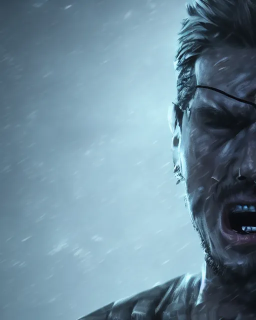 Image similar to solid snake portrait, cinematic lighting, anguished crying screaming yelling, mouth open, black atmospheric background, 4 k photography hdr