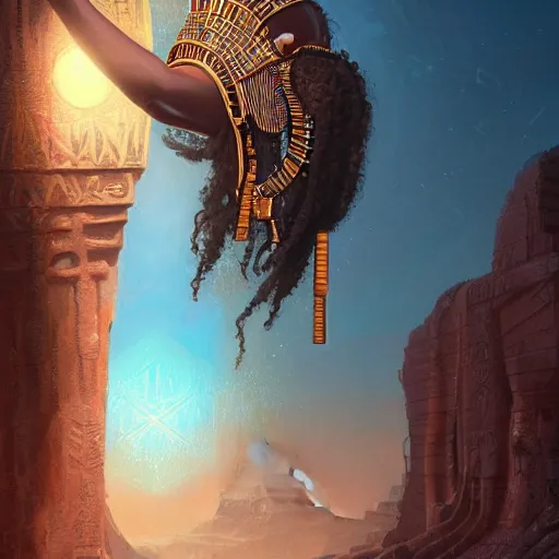 Image similar to highly detailed portrait of an african egyptian goddess, neon ankh, stephen bliss, unreal engine, fantasy art by greg rutkowski, loish, rhads, ferdinand knab, makoto shinkai and lois van baarle, ilya kuvshinov, rossdraws, tom bagshaw, global illumination, radiant light, detailed and intricate environment