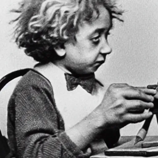 Prompt: Albert Einstein as a child making a crayon drawing of rocket