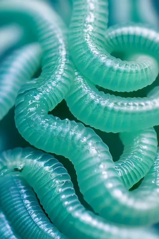 Image similar to high quality macro photo translucent gelatinous worms! gorgeous highly detailed hannah yata elson peter cinematic turquoise lighting high quality low angle hd 8k sharp shallow depth of field