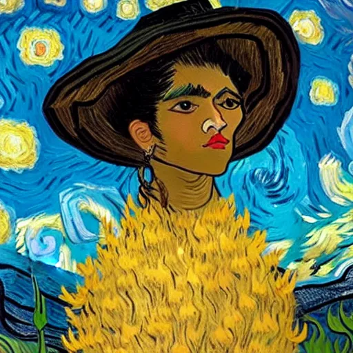 Image similar to beautiful dark skinned mexican woman, dancing in a field of flowers, prominent rosy cheek bones, black hair and brown eyes, van gogh art style,