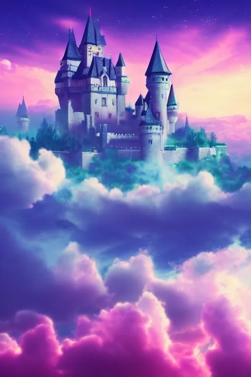 Image similar to beatiful castle in the clouds, romantic, atmospheric, wide shot, vaporwave colors