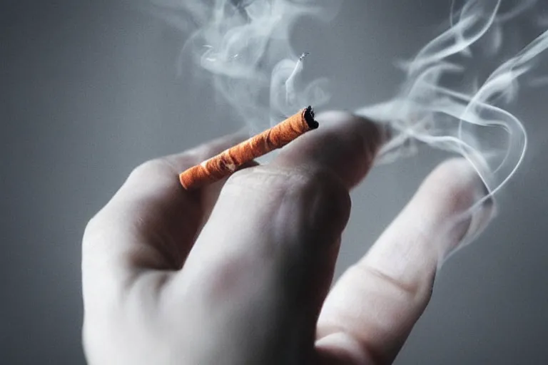 Image similar to Close-up of thin hand holding cigarette with smoke, hyper realistic, photo