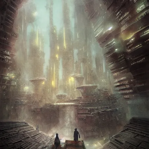 Image similar to distopian city by esao andrews, dark scifi, futuristic distopia by stanslav lem, distopia megaliths, journey across the urban district, neverland and the gateway between dreams by beksinski, ultra hd rendered, ultra realsim