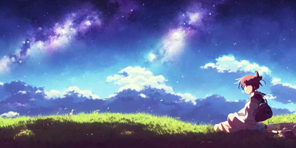 Prompt: a schoolgirl girl sat on the hillside and looked at the stars in the night sky, midnight, spectacular milky way, shining meteor, official media, anime key visual, detailed, artwork by makoto shinkai. - h 5 7 6
