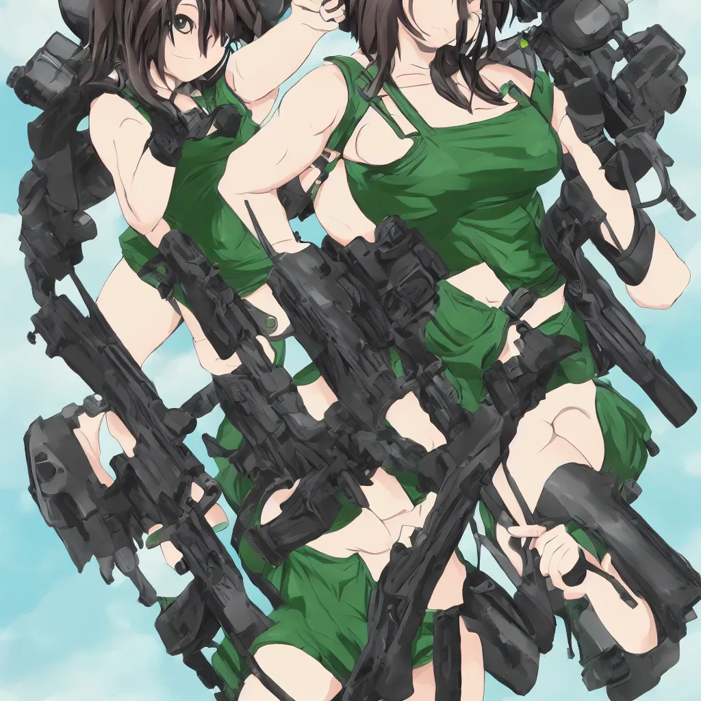 Prompt: a concept art of a beautiful curvy anime girl with an athletic feminine body holding an m4 assault rifle in a green tank top with black shorts and aviator classic sunglasses, long hair, anatomically correct, tanned body, confident facial expression, studio trigger