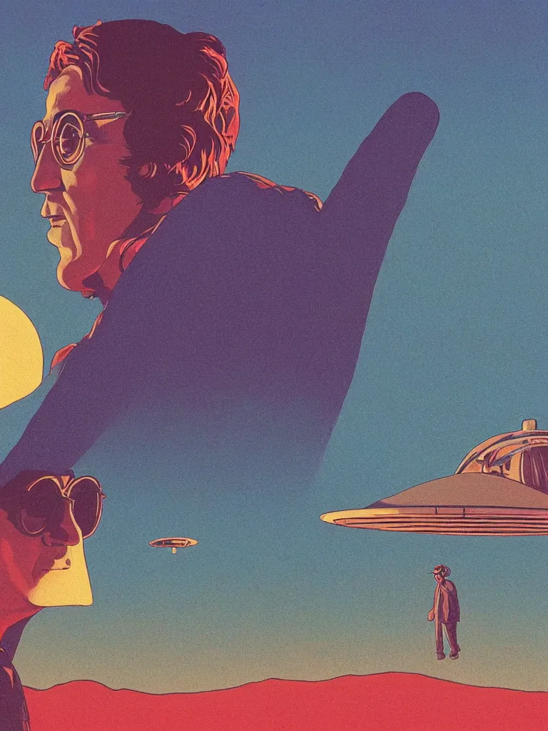 Image similar to a closeup portrait of john lennon, a ufo, taking mind altering drugs, a blotter paper of lsd acid and dreaming psychedelic hallucinations in a new mexico desert landscape, by kawase hasui, moebius, edward hopper, colorful flat surreal design, dramatic lighting, hd, 8 k, artstation