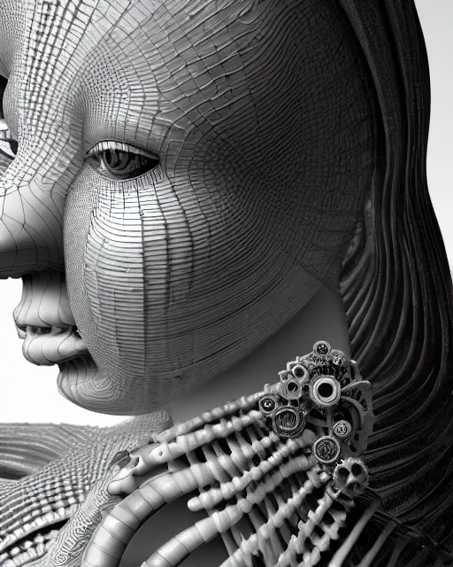 Image similar to mythical dreamy black and white organic translucent bio-mechanical spinal ribbed profile face portrait detail of mechanical beautiful female angelic-human-queen-realistic-doll-cyborg, highly detailed, intricate crystal jelly steampunk ornate, poetic, 3D render, digital art, octane render, 8K artistic photography, photo-realistic, by Dora Maar