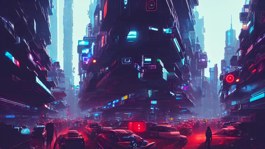 Prompt: busy street of robot city. robots. cyberpunk. robotic. futuristic. cybernetic. vincent di fate. beeple. jim burns. trending on artstation. digital painting