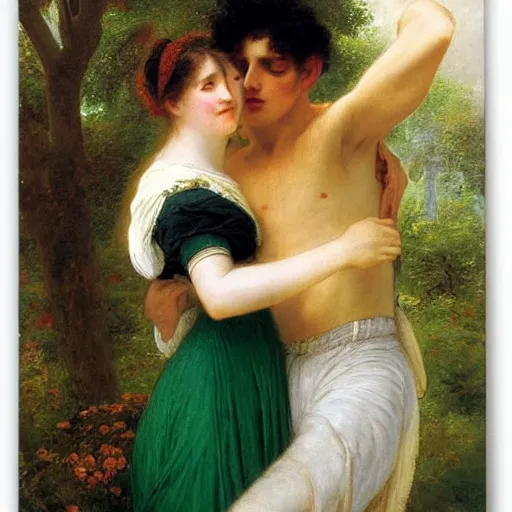 Prompt: young man in orange shirt and young woman in green dress with black hair hugging, by pierre - auguste cot