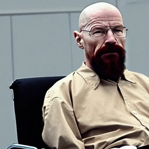 Image similar to walter white with a rough beard, wearing an oxygen mask, sitting in a wheelchair in a courtroom.