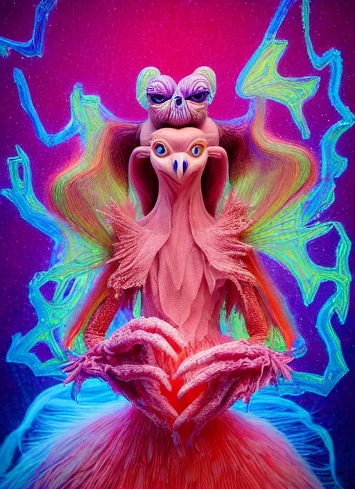 Image similar to hyper detailed 3d render like a Oil painting - kawaii portrait of two Aurora (a beautiful skeksis muppet fae princess protective playful expressive from dark crystal that looks like Anya Taylor-Joy) seen red carpet photoshoot in UVIVF posing in scaly dress to Eat of the Strangling network of yellowcake aerochrome and milky Fruit and His delicate Hands hold of gossamer polyp blossoms bring iridescent fungal flowers whose spores black the foolish stars by Jacek Yerka, Ilya Kuvshinov, Mariusz Lewandowski, Houdini algorithmic generative render, golen ratio, Abstract brush strokes, Masterpiece, Edward Hopper and James Gilleard, Zdzislaw Beksinski, Mark Ryden, Wolfgang Lettl, hints of Yayoi Kasuma and Dr. Seuss, octane render, 8k