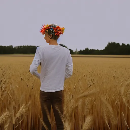 Prompt: kodak portra 4 0 0 photograph of a skinny blonde guy standing in field of wheat emitting psychic powers, back view, flower crown, moody lighting, telephoto, 9 0 s vibe, blurry background, vaporwave colors, faded!,