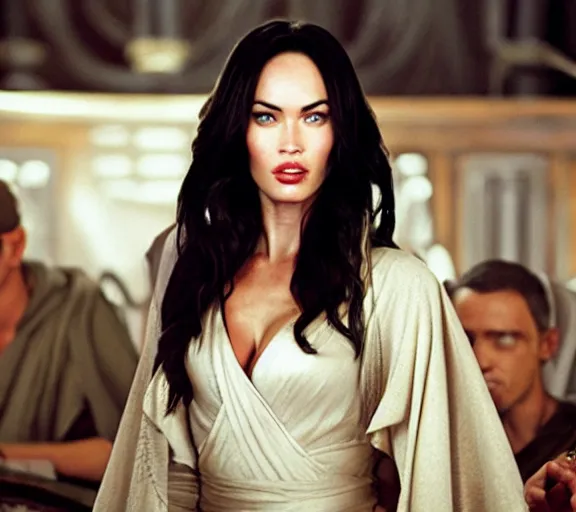 Prompt: Still of Megan Fox on the Jedi Council, Star Wars Unirverse, Cinematic Lighting, beautiful composition, 8K resolution