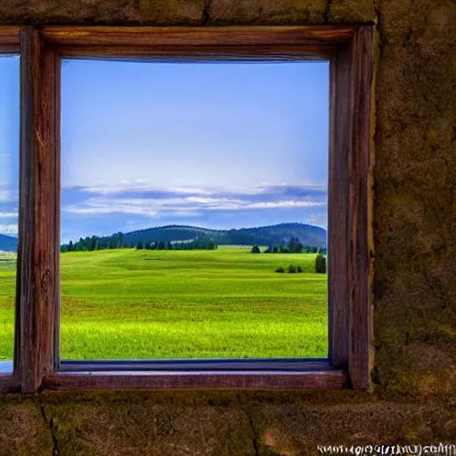 Prompt: <photograph accurate=true quality=very-high>looking out the window at a serene meadow</photograph>