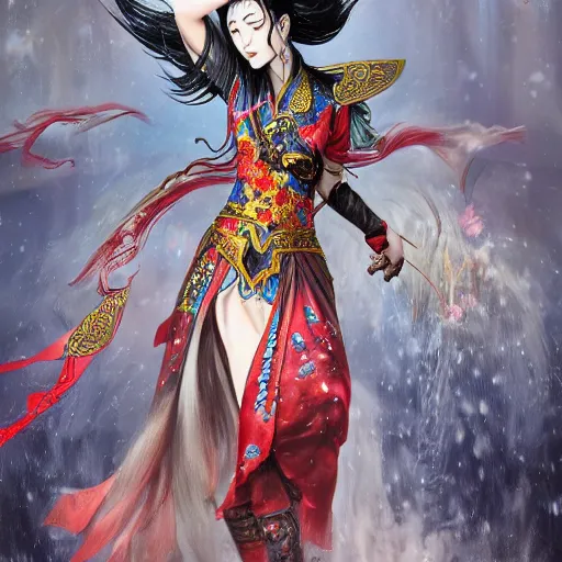 Image similar to An epic fantasy comic book style portrait painting of a gorgeous sword dance Chinese costume woman , by WLOP trending on artbreeder, long hair, smoke, feathers flying, flowers rain everywhere, full body XIANXIA, Chinese temple, depth of field by Yoji Shinkawa 4k