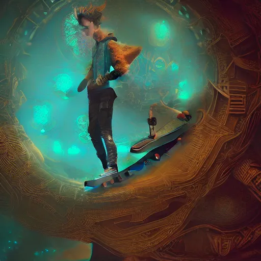 Image similar to beautiful symmetrical boy on a skateboard surrounded by machine axonometric fantasy intricate elegant highly detailed in volumetric turquoise steampunk, high contrast cinematic light, mystical shadows, octane render, photographic, unreal engine 8 k