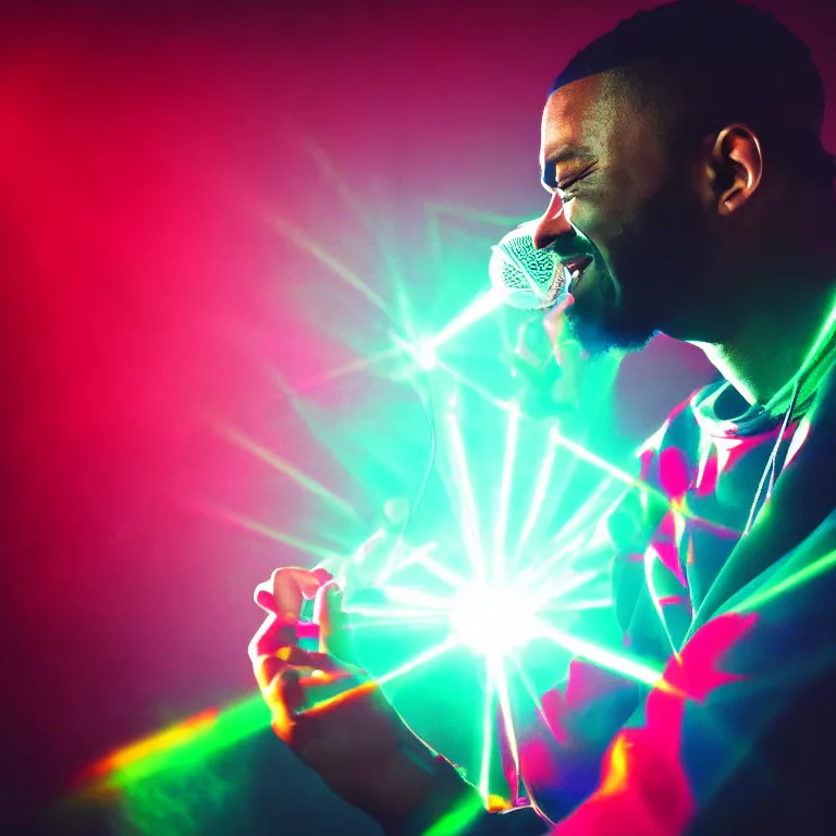 Image similar to rapper using microphone, laughing, epic angle, profile view, silhouetted, distinct, psychedelic hip-hop, laser light show, beams of light