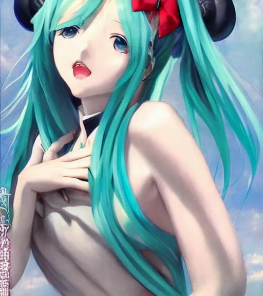 Image similar to Anime art very beautiful Hatsune miku by Gil Elvgren, Vladimir Volegov, Earl Moran, Enoch Bolles, symmetrical shoulders