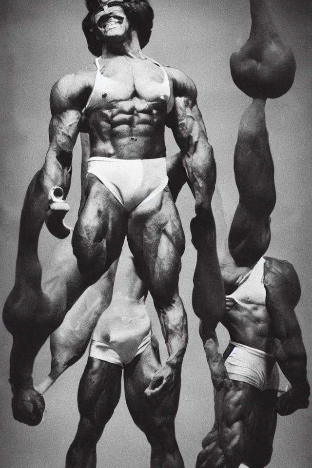 Image similar to RonaldMcDonald as a bodybuilder, photo by Anne Liebovitz