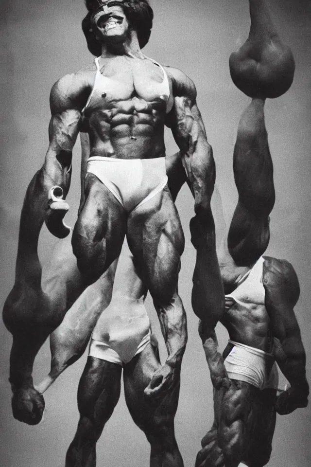 Prompt: RonaldMcDonald as a bodybuilder, photo by Anne Liebovitz