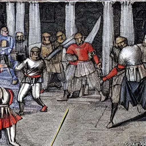 Prompt: medieval sword fight cctv footage, coloured photo