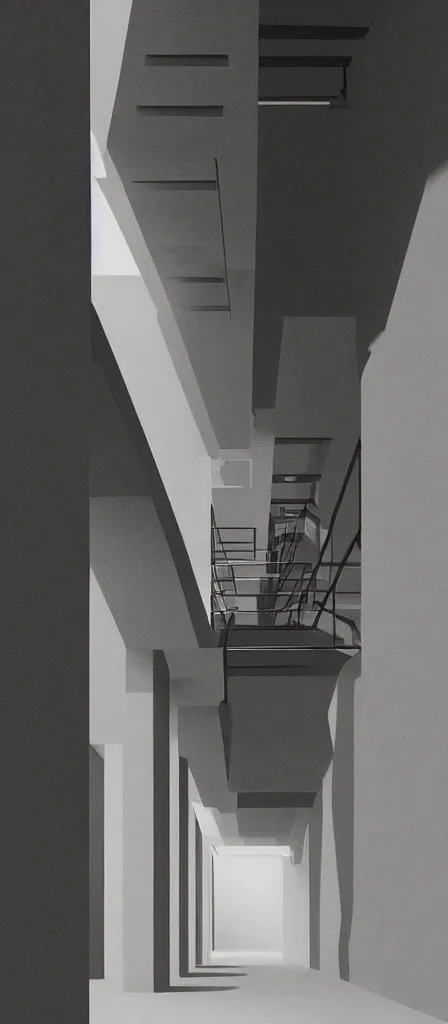 Image similar to colorful minimalist industrial interior stairwell with monolithic pillars in the style of ridley scott and stanley kubrick, impossible stijl architecture, lone silhouette in the distance, ultra wide angle view, cinematic, god rays, volumetric lighting, realistic detailed painting by edward hopper