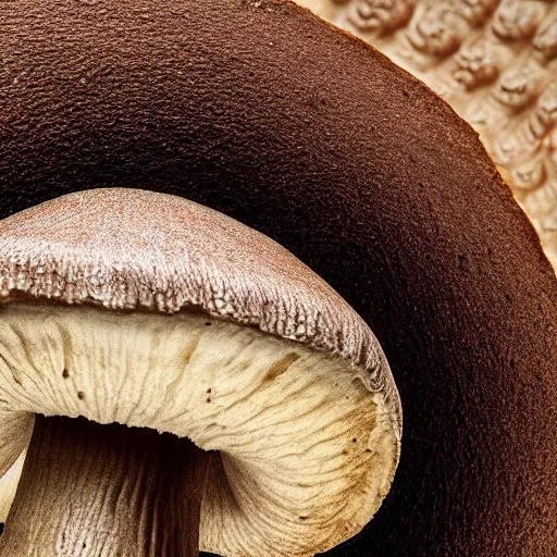 Prompt: mushroom cap, bottom view, clearly visible lamellae, black background, hyper realistic, photography, colorfull, 8k, epic composition