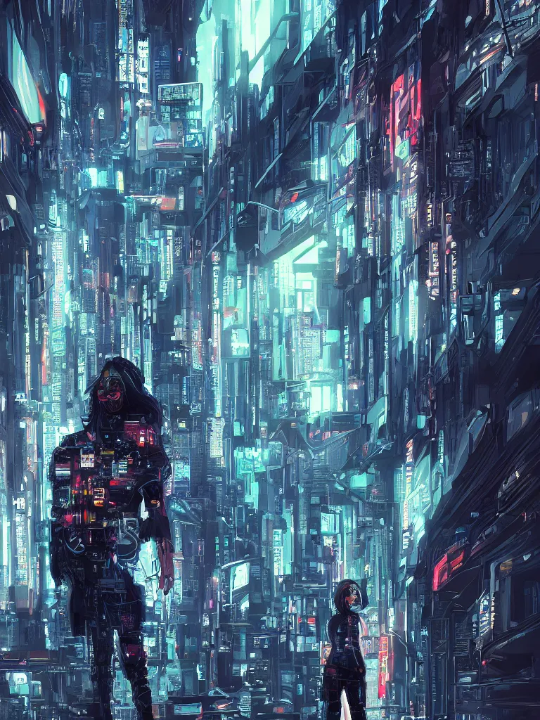 Image similar to portrait of a stranger lost in a hall of a cyberpunk megacomplex; portrait painting of a cyborg, symmetrical face and eyes; hyperrealistic, 4K wallpaper, highly detailed and beautiful