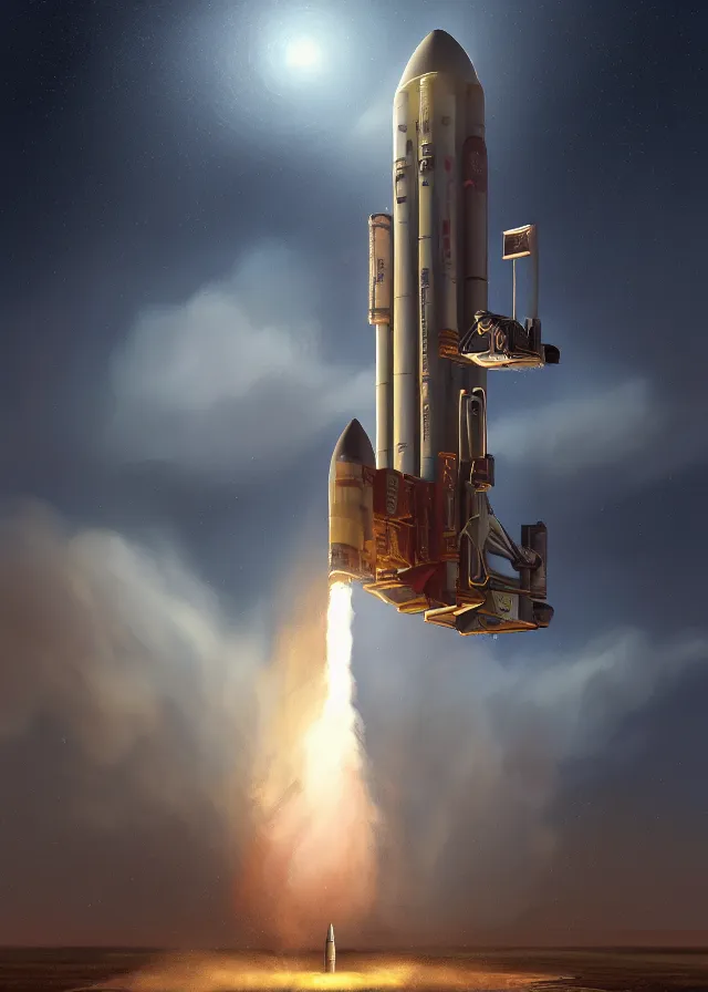 Image similar to epic professional digital art of complex heavy vertical rocket with side boosters, on launch pad, at takeoff, ambient light, painted,, cinematic, detailed, grand, leesha hannigan, wayne haag, reyna rochin, ignacio fernandez rios, mark ryden, van herpen, artstation, cgsociety, epic, stunning, gorgeous, wow wow detail