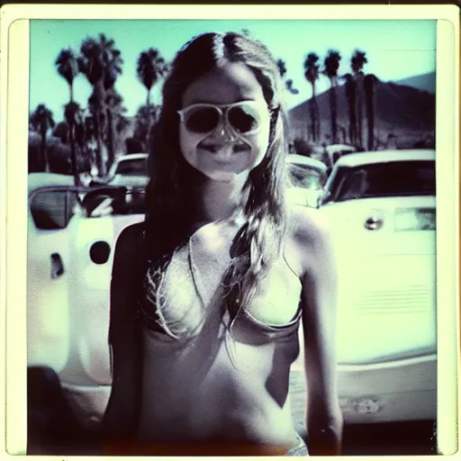 Image similar to an old polaroid of a hippie girl in Santa Monica, 1970