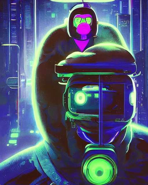 Image similar to sloth as future coder man looking on, sleek cyclops display over eyes and sleek bright headphoneset, neon accent lights, holographic colors, desaturated headshot portrait digital painting by dean cornwall, rhads, john berkey, tom whalen, alex grey, alphonse mucha, donoto giancola, astronaut cyberpunk electric