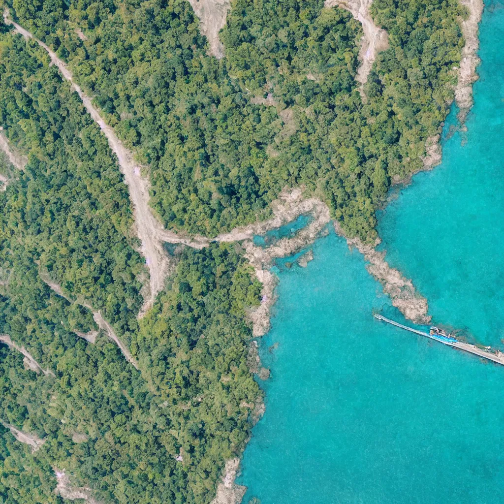 Image similar to single lane bridges winding over wide ocean of bright blue water, birds eye view