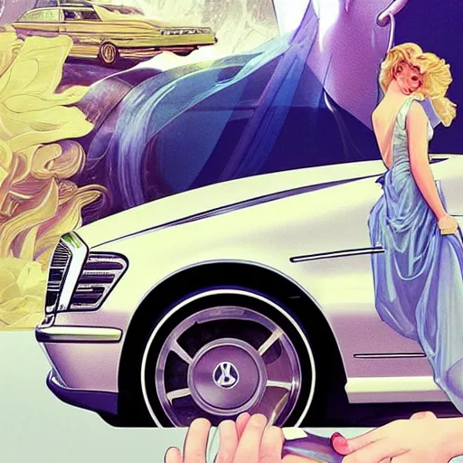 Image similar to Princess Diana standing next to a Mercedes-Benz W140, highly detailed, digital painting, artstation, concept art, smooth, sharp focus, illustration, art by artgerm and alphonse mucha, high definition digital art, in the style of Ross tran and ilya kuvshinov