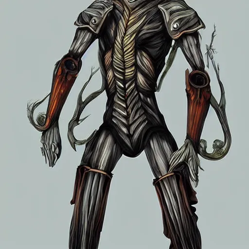 Image similar to exoskeleton made of wood, worn by super strong elf wizard, digital art, very detailed, trending on deviantart