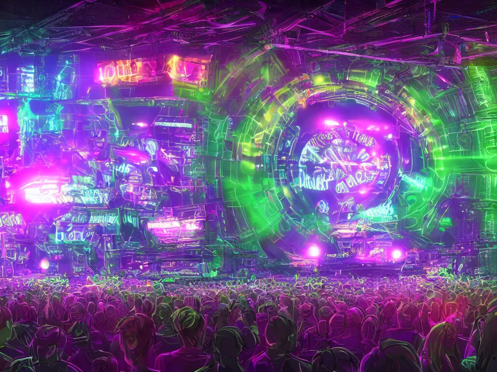 Image similar to a concert stage, big glowing letters over the stage tripmachine, center of the stage is a big futuristic steampunk generator surrounded by speaker towers, rock musicians on the stage, laser show, 8 k, fluorescent colors, halluzinogenic, multicolored, exaggerated detailed, unreal engine