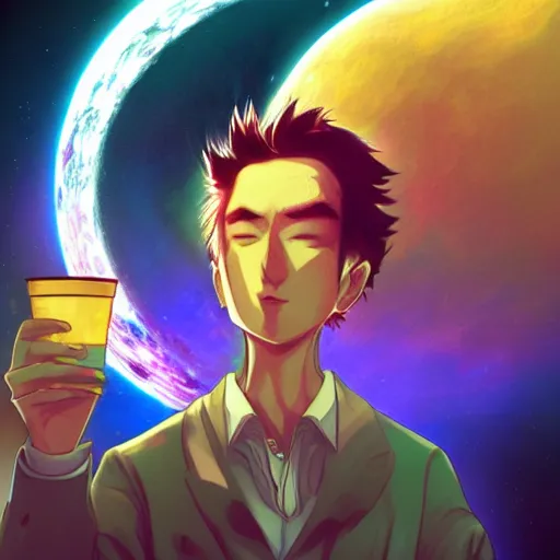 Image similar to A man drinking a cup of cosmic energy bright light by Masafumi Harada, 4k, digital art, surreal, anime style, space dandy style, highly detailed, godsend, artstation