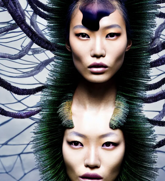 Image similar to photography face portrait of one female asian fashion model in rainforest, wearing one organic futurist shawl designed by iris van herpen,, creative colorfull - makeup, curly hair style half _ long, photography by paolo roversi nick knight, helmut newton, avedon, and araki, sky forest background, natural pose, highly detailed, skin grain detail