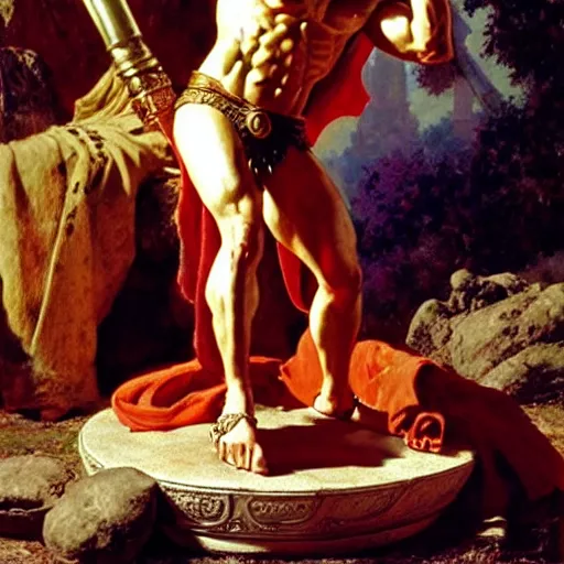 Image similar to ares the god of war accuses hercules of betrayal! zeus sits on the throne of olympus, heavenly marble, ambrosia served on golden platters, painting by gaston bussiere, craig mullins, j. c. leyendecker, tom of finland