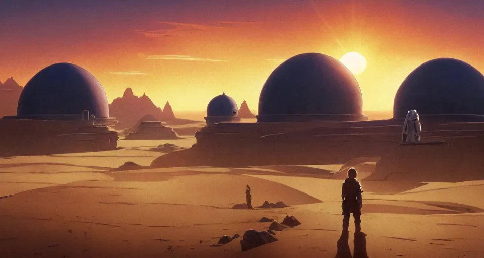 Image similar to beautiful wide shot tatooine landscape, Luke skywalker sunset, Star Wars a new hope 1977, studio ghibli, Miyazaki, Greg rutkowski, Alphonse mucha, Moebius, golden hour, tiny! domes, highly detailed, hdr, vivid color, 70mm