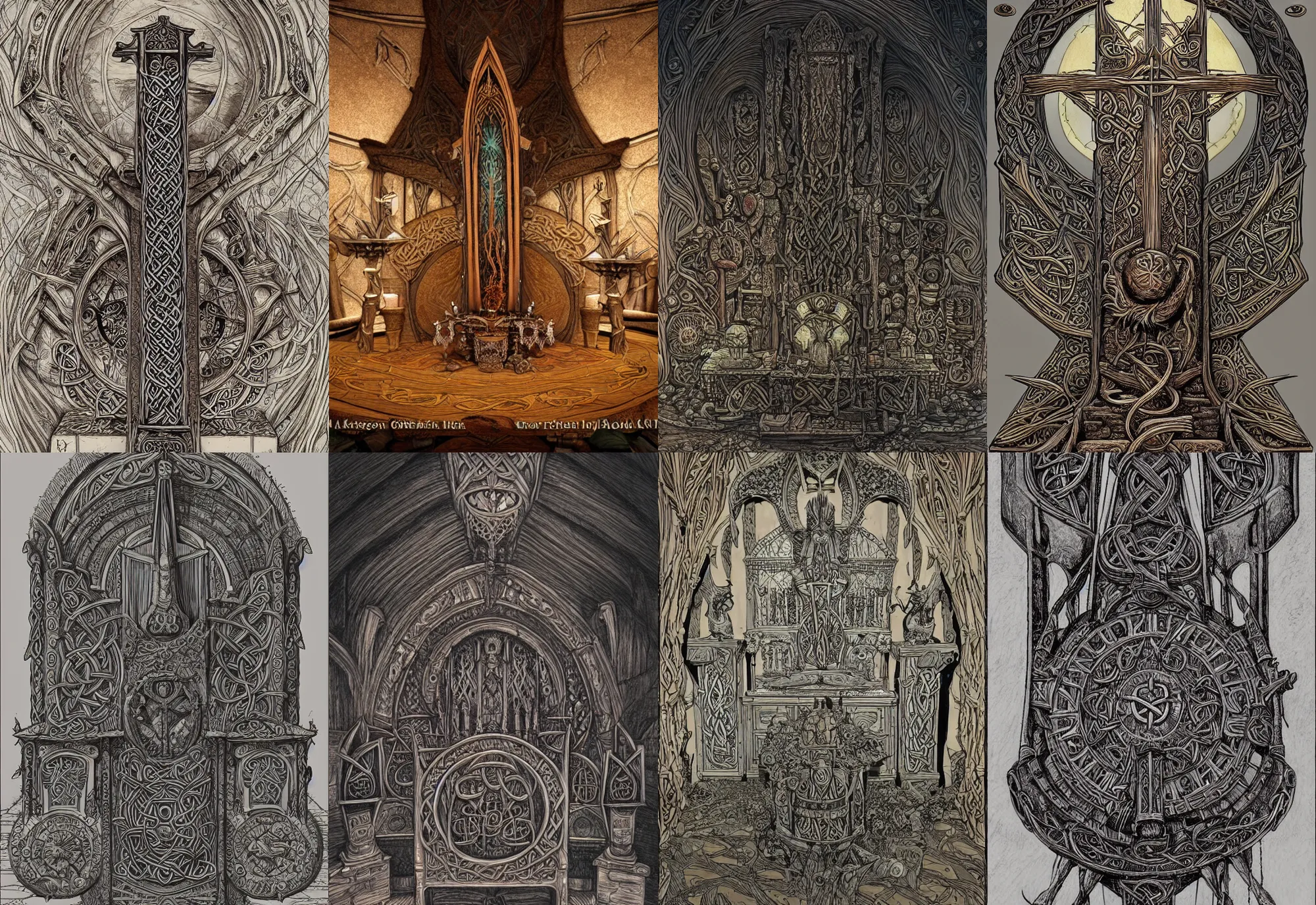 Prompt: an altar in a celtic castle, art by aaron horkey and moebius, high details, cinematic, cgsociety 8 k